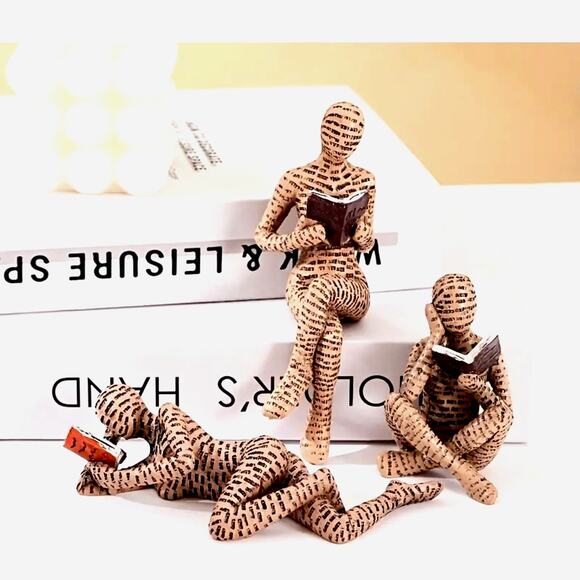 Reading Woman Sculptures Shelf Sitting 3 pcs Set Brown - Picture 2 of 4